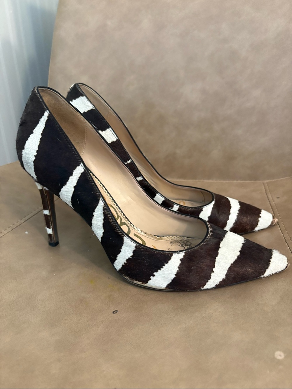 Sam Edelman brown white zebra print pointed toe heels size 9.5
